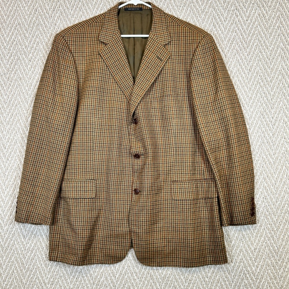 Faconnable Blazer Mens 58R Brown Wool Cashmere Check Sport Coat Italy